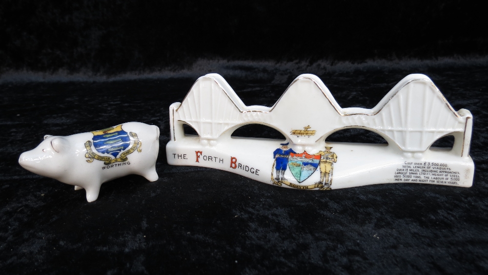 Crested ware Forth Bridge by Shelley and a pig (Worthing) by Carlton China.