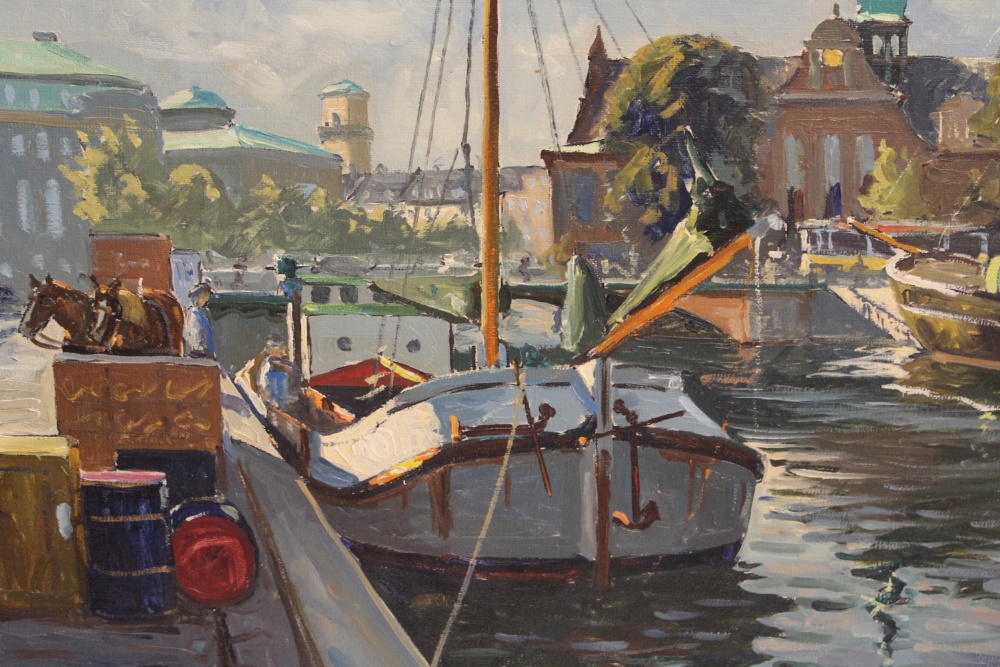 Thorvald Nygaard (1892-1973) Danish, Quayside in Copenhagen with boats, horses and figures,