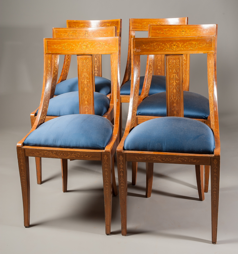 A set of six Italian inlaid dining chairs, each with Neo-Classical style decoration. (6)