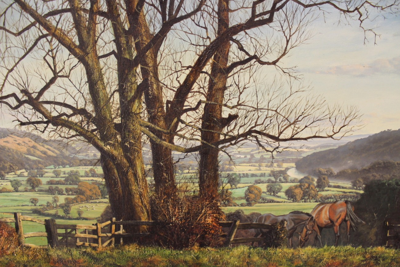 Donald Ayres (20th/21st Century), Merlin`s Valley, Towy, Camarthen - mare and foal grazing in an
