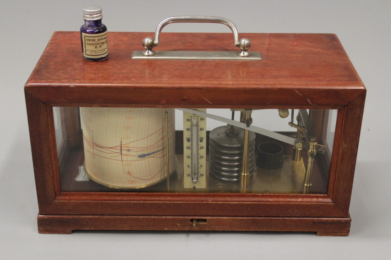 A 20th Century barograph, signed R.F. Paris, No. 146716, seven section bellow and internal