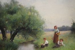 Benjamin D. Sigmund (exh. 1880-1904), A pair of watercolours one depicting children fishing by