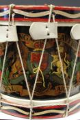 An East Riding Heavy Brigade painted side drum, the dark blue painted body decorated with the