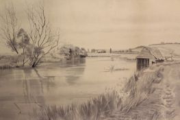 Frank Southgate R.B.A. (1872-1916), Extensive river landscape, signed and dated ‘99, monochrome