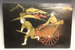 A pair of Japanese lacquer panels, depicting a gentleman and his wife in carriages, with landscape