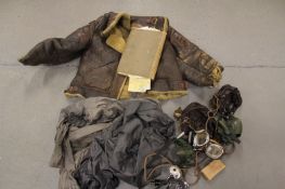 American B-3 sheepskin flying jacket, together with two RAF leather flying helmets with comms