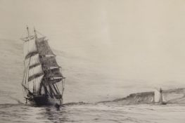 Harold Wyllie (1880-1975), Shipping off the coast, signed in pencil, etching, 16 x 30.5cm,