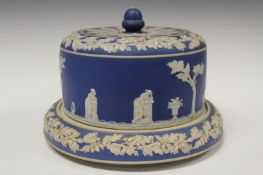 A 19th Century blue and white jasper ware cheese bell and stand, unmarked but probably Wedgwood,