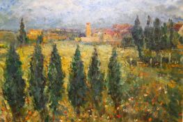 Mary Tew (20th Century), Tuscan landscape with flowers in the foreground and a village beyond, oil