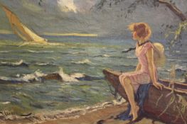 Style of Edward Cucuel (1875-1951) American, Girl on a shoreline watching a sailing boat,