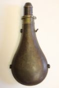 A Hawksley powder flask for a large calibre gun, the planished body with four sling swivels, the