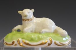 A 19th Century Derby miniature sheep, Sampson Hancock, King Street, lying recumbent with gilt collar