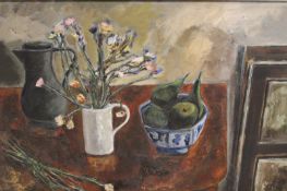 A 20th Century still life, oil on canvas of flowers and fruit on a table, 116 x 80cm.