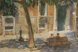 Margaret Glass (b.1950) (ARR), “Tete a Tete”, two young women on a bench in a sunlit square,