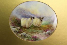 A Royal Worcester porcelain plaque decorated by Harry Davis, depicting two sheep in an upland