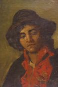 Continental School (19th Century), Portrait of a young rustic in black hat and red shirt, oil on