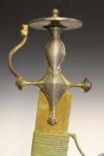 A gold damascene hilted Tulwar, 69.5cm sharply curved fullered blade etched with a panel of