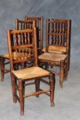 A harlequin set of ten 19th Century rush seated Lancashire spindle back chairs. (10)