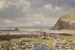 Derek Williams (20th Century), Borth Beach, Welsh scene with children and dogs, signed, gouache,