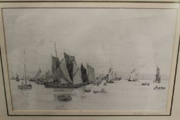 Norman Wilkinson (1878-1971), Boats off a shoreline, pencil sketch, studio stamp on backboard, 17