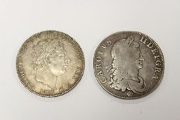 A Charles II crown 1662, first dr bust rose below (f), together with a George III 1820 crown (vf),