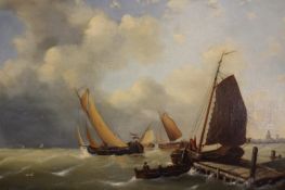 Jacob Ten Hagen (1820-1880) Dutch, Marine scene with shipping in choppy waters before a town on