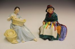 Two Royal Doulton figurines: The Basket Weaver HN2245, 14.5cm high, and Silks and Ribbons HN2017,