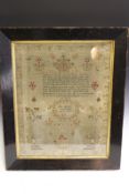 A 19th Century sampler worked by “Sally Hudson, Huntingdon 1834, Aged 11 years, A.D. 1834”, worked