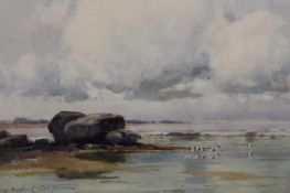 Hubert Coop (1872-1953), Shore view with gulls, signed, watercolour, 35 x 46.5cm.