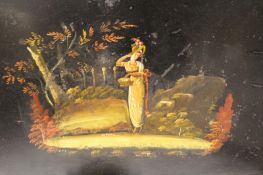 A tole ware tea tray with painted border and centred with scene of “The Market Girl”.