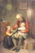 Paul Haesaert (1813-1893) Belgian, Interior scene with a grandfather feeding two children,