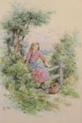 Two watercolours in the manner of Myles Birket Foster, depicting children in landscapes, both