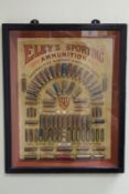 A rare Eley’s Sporting Ammunition Cartridge Display Board, the framed and glazed display