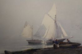 Hubert Coop (1872-1953), Fishing boats near the shore, signed, watercolour, 34 x 48cm.