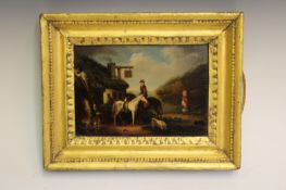 English School (early 19th Century), Travellers, horses, thatchers and a pig by a country inn, oil