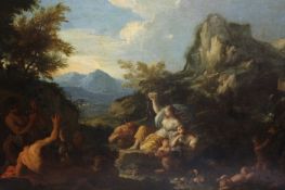 Follower of Salvator Rosa (1615-1673) Italian, A Bacchanalian revel, with figures in a mountainous