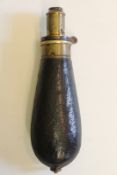 A leather covered Hawksley flask, the pistol sized, bag shaped body covered with black leather,