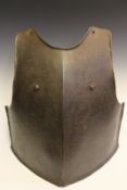 A siege weight breastplate, the heavy gauge body with raised medial ridge, pierced with two holes to