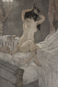 After Armand Rassenfosse (1862-1934) Belgian, Nude on a bed, signed in pencil, colour lithograph, 17