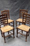 A harlequin set of ten country rush seat ladderback chairs, (to include one carver). (10)