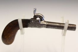 A Belgian double barrelled percussion boxlock pocket pistol, 2.75 inch browned barrels, scroll