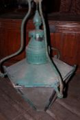 A pair of large copper street lanterns, of hexagonal form, mounted on wrought iron hanging brackets.