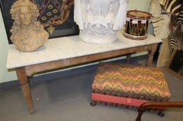 A large early 20th Century pine framed marble topped baker’s/pastry table, with marble top above