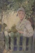 Percy Lancaster (1878-1951), Girl at farm gate, signed with monogram, watercolour, 33 x 23cm.