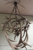 An impressive stag’s antler hallway chandelier, the body of eight multi-point trophy antlers