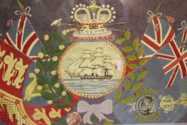 A Victorian sailor’s woolwork picture, intricately designed with a central ship surmounted by a