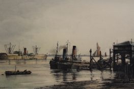 Henry James Denham (1893-1961), The Pilot’s Pier, Gravesend, Kent scene with shipping, signed,