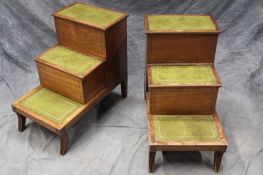 A pair of Regency style mahogany library/bed steps, each with three green leather inset steps, and