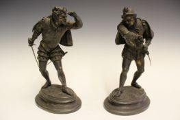 A pair of silvered bronze figures of duellists in courtly dress, 23cm. (2)