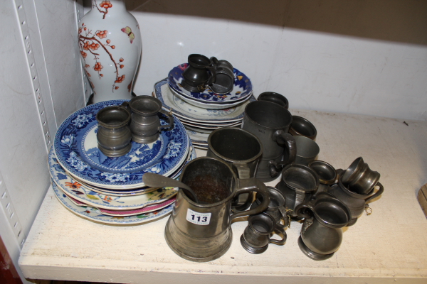 VARIOUS CHINAWARES AND PEWTER TANKARDS,ETC